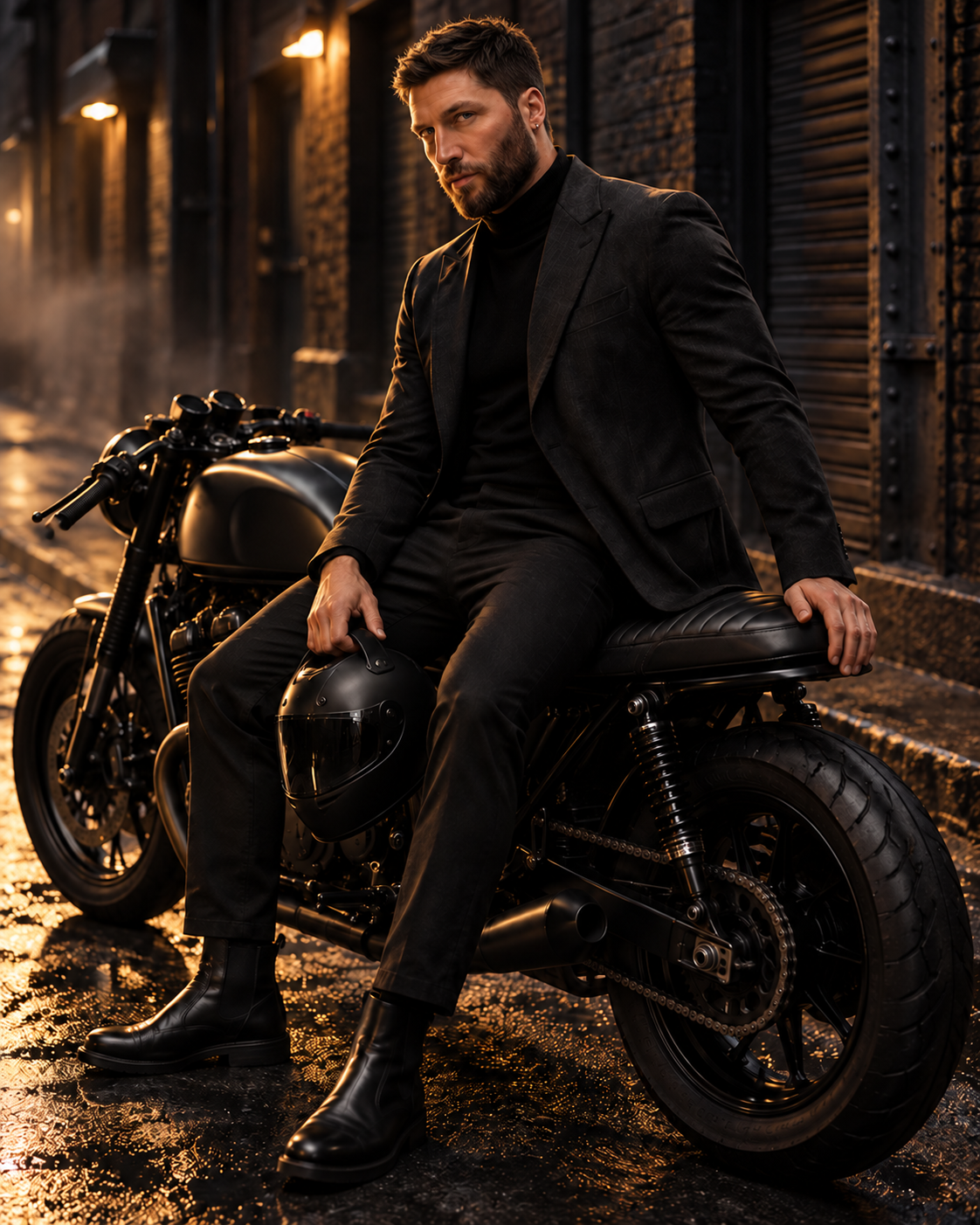 BIG BODY Model auf einem schwarzen Motorrad